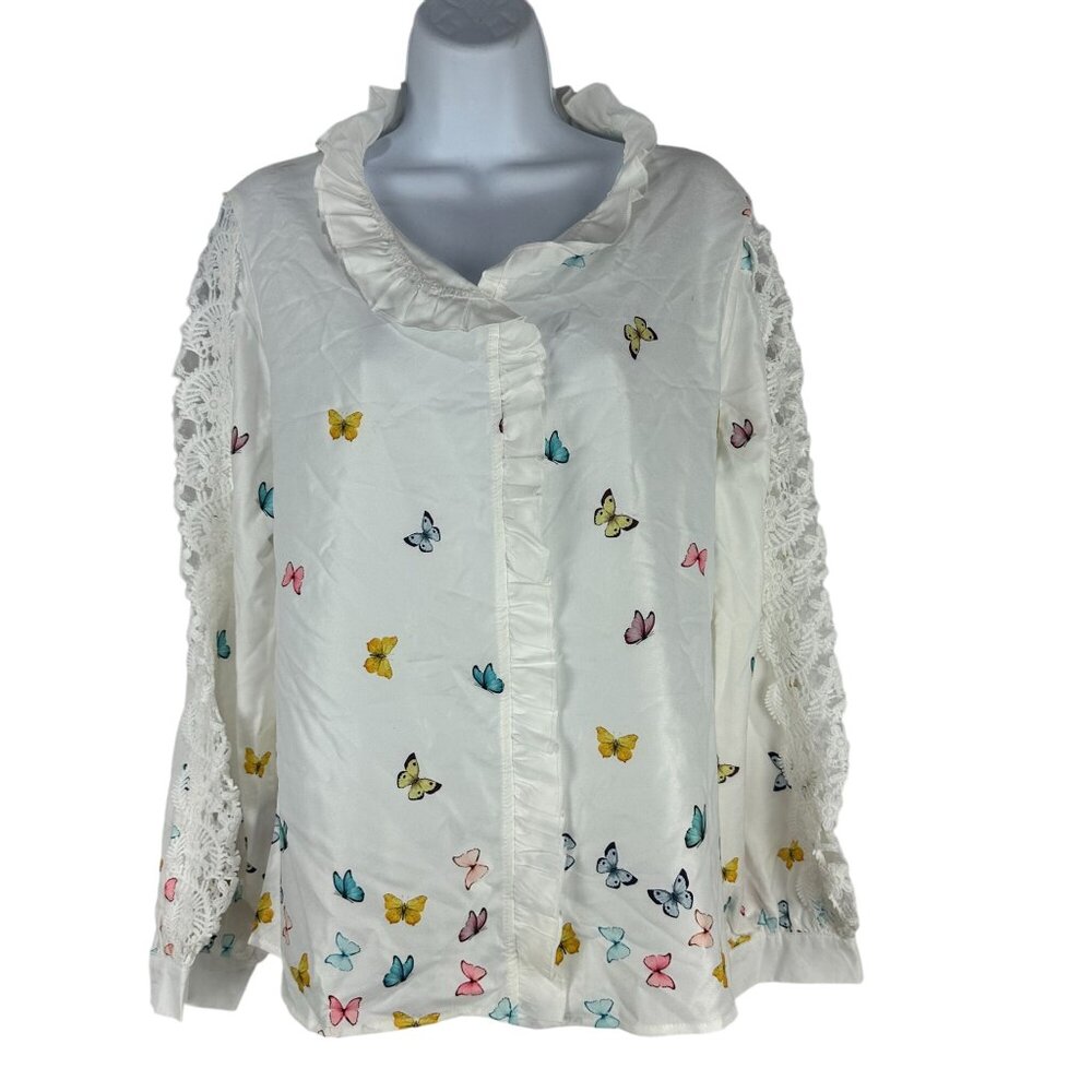 ChicMe Womens White Long-Sleeve Top With Multicolor Butterfly Print & Lace